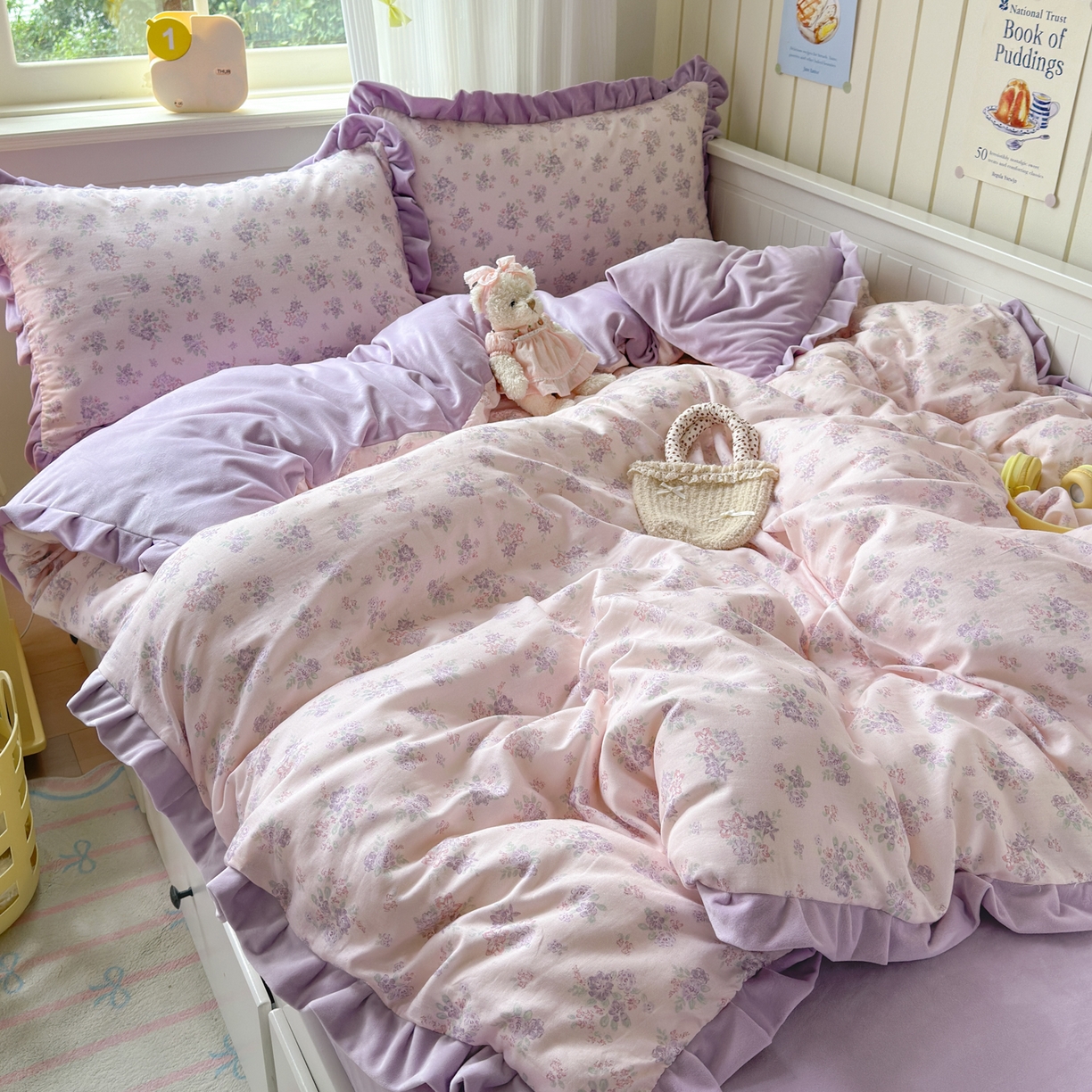 91家纺网 家纺一手货源 找家纺 淑女公社家纺 2025秋冬新款纯棉双层纱加韩国绒四件套 紫韵