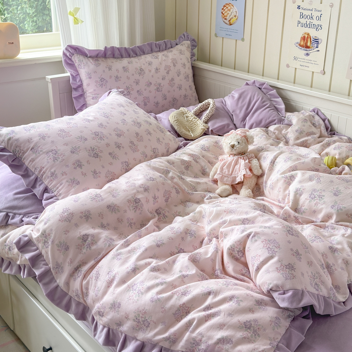 91家纺网 家纺一手货源 找家纺 淑女公社家纺 2025秋冬新款纯棉双层纱加韩国绒四件套 紫韵