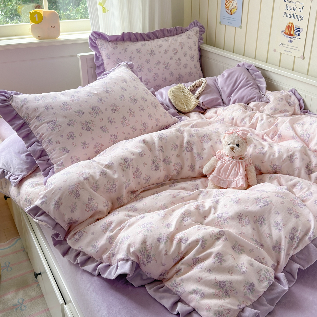 91家纺网 家纺一手货源 找家纺 淑女公社家纺 2025秋冬新款纯棉双层纱加韩国绒四件套 紫韵