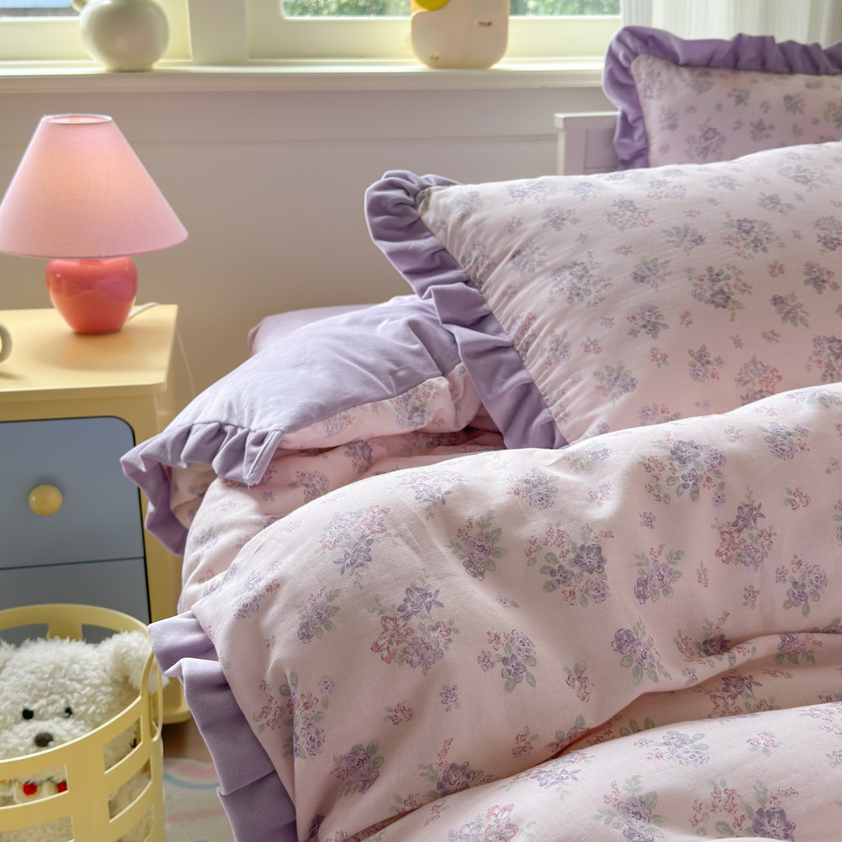 91家纺网 家纺一手货源 找家纺 淑女公社家纺 2025秋冬新款纯棉双层纱加韩国绒四件套 紫韵