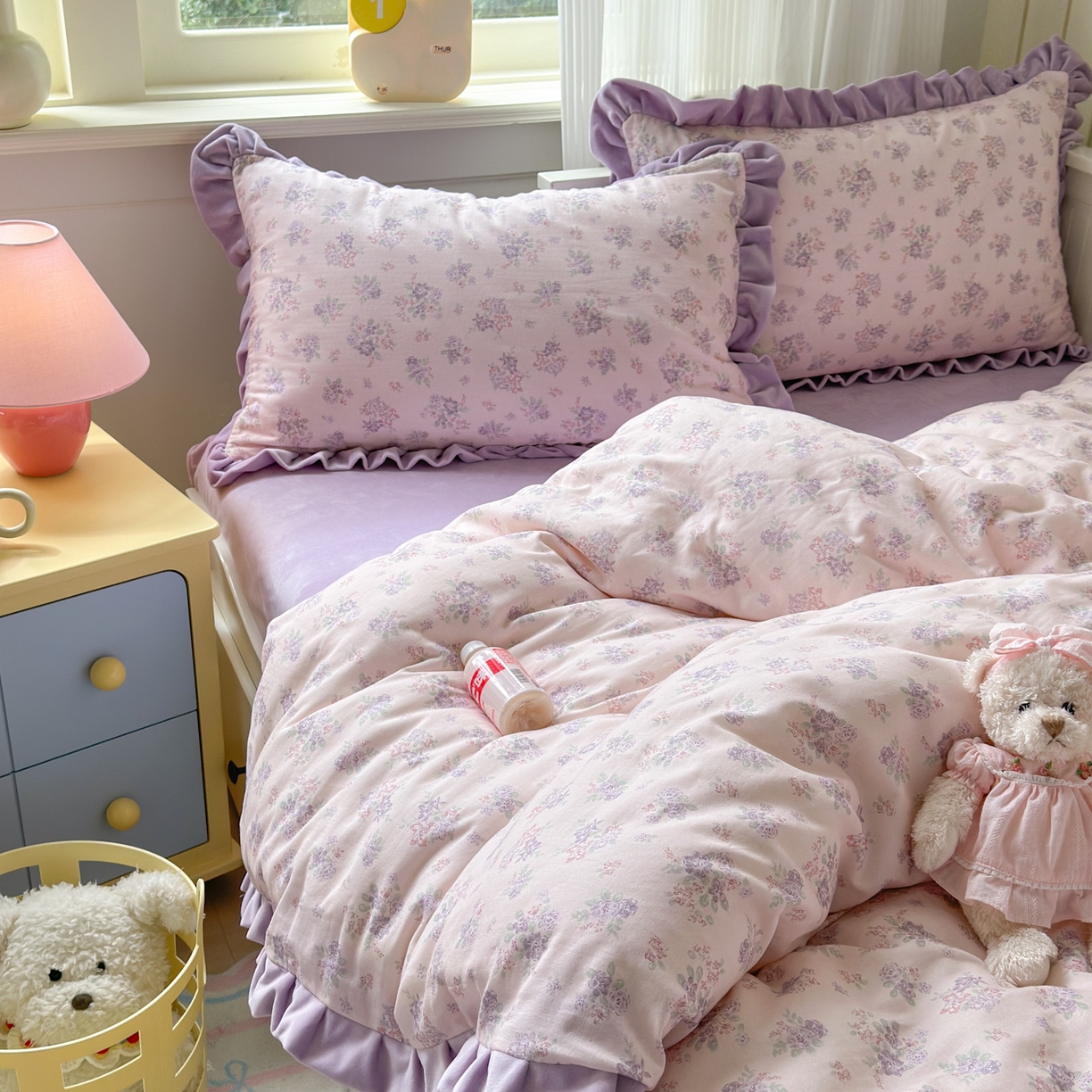 91家纺网 家纺一手货源 找家纺 淑女公社家纺 2025秋冬新款纯棉双层纱加韩国绒四件套 紫韵