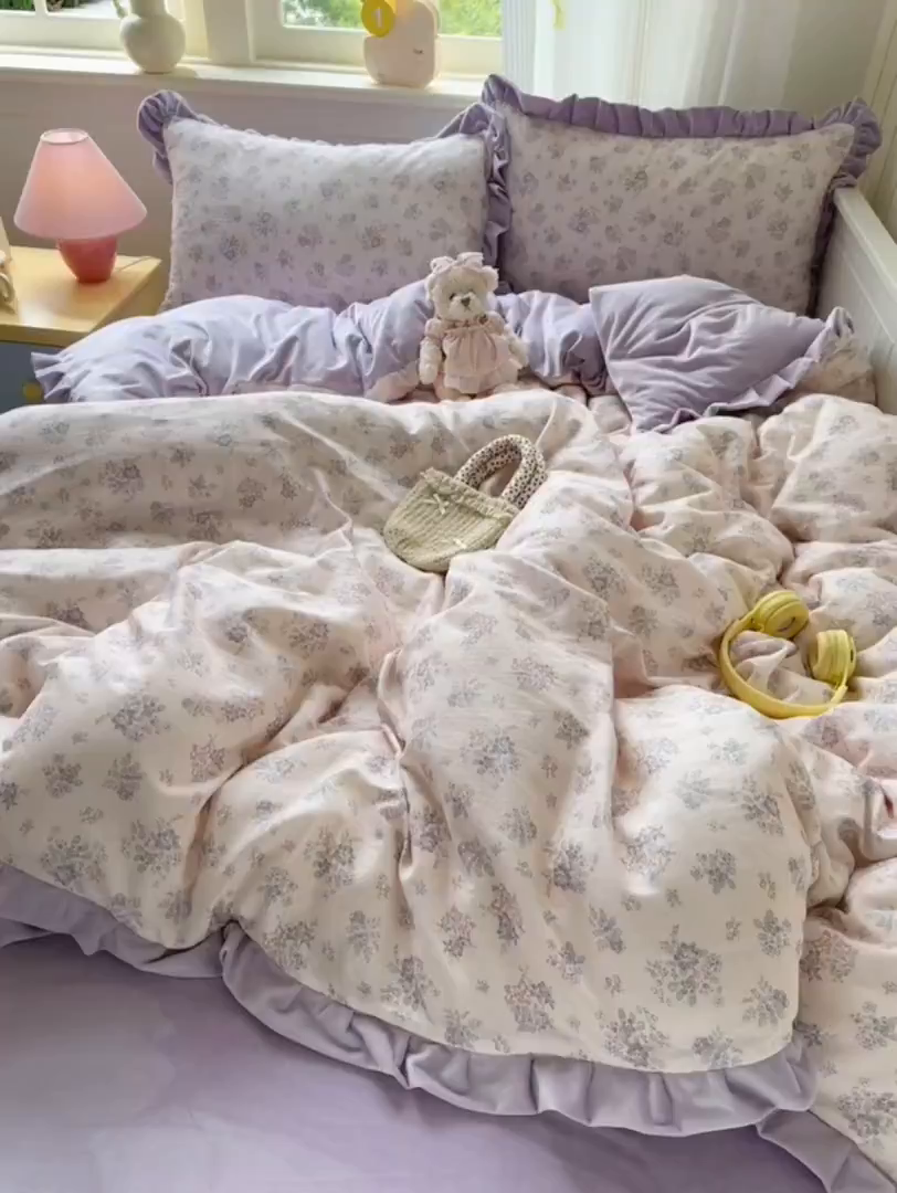 91家纺网 家纺一手货源 找家纺 淑女公社家纺 2025秋冬新款纯棉双层纱加韩国绒四件套 紫韵