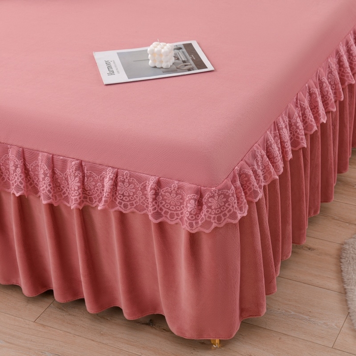 91家纺网 家纺一手货源 找家纺 优家居 2025新款240克高克重牛奶绒单件床裙韩版刺绣花牛奶绒床裙三件套 安娜-豆沙