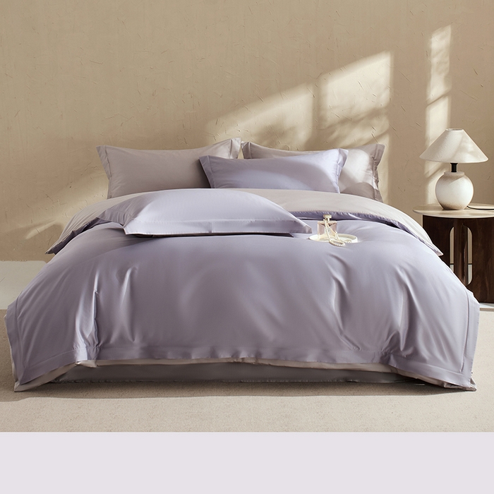 91家纺网 家纺一手货源 找家纺 LADYCOCO可可家居 2025新款三开口贡缎夹棉四件套 优易套/U易套 三开口被套，唯一专利发明单位，全球专利布局（控价不低于410元） 浅紫+浅灰