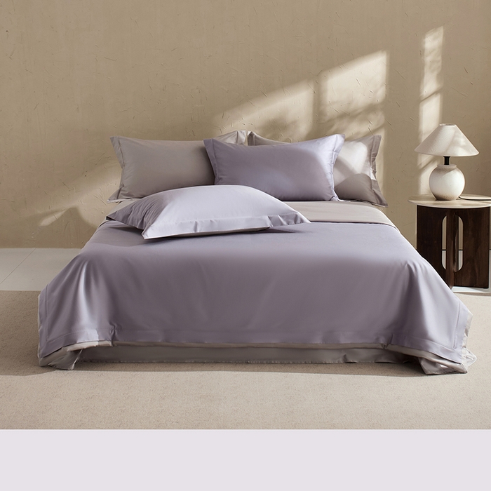 91家纺网 家纺一手货源 找家纺 LADYCOCO可可家居 2025新款三开口贡缎夹棉四件套 优易套/U易套 三开口被套，唯一专利发明单位，全球专利布局（控价不低于410元） 浅紫+浅灰