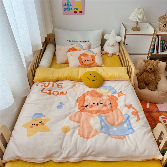 萌寶家紡 2025新款大版牛奶絨被套加厚保暖兒童三件套-萌寵系列 小獅子