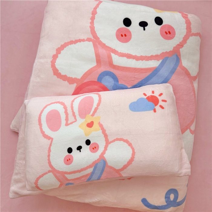91家纺网 家纺一手货源 找家纺 萌宝家纺 2025新款大版牛奶绒被套加厚保暖儿童三件套-萌宠系列 小兔子