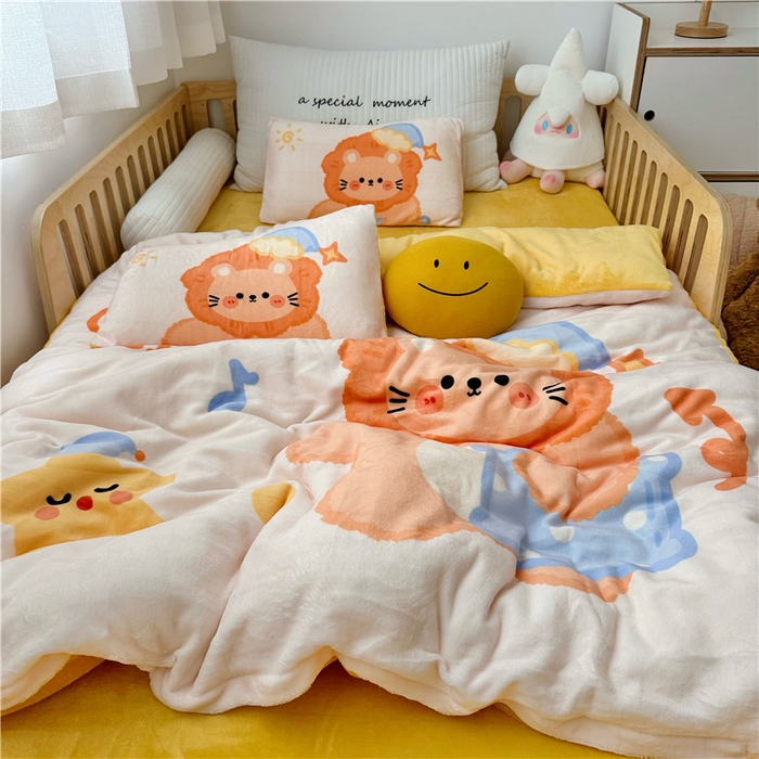 91家纺网 家纺一手货源 找家纺 萌宝家纺 2025新款大版牛奶绒被套加厚保暖儿童三件套-萌宠系列 小狮子