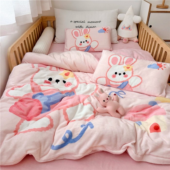 91家纺网 家纺一手货源 找家纺 萌宝家纺 2025新款大版牛奶绒被套加厚保暖儿童三件套-萌宠系列 小兔子