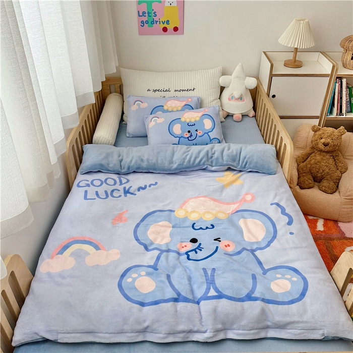 萌寶家紡 2025新款大版牛奶絨被套加厚保暖兒童三件套-萌寵系列 小象
