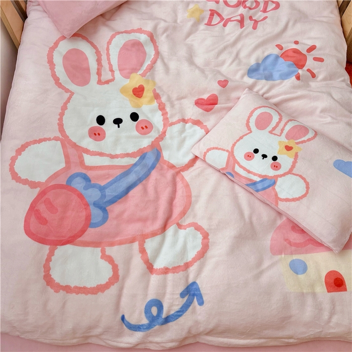 91家纺网 家纺一手货源 找家纺 萌宝家纺 2025新款大版牛奶绒被套加厚保暖儿童三件套-萌宠系列 小兔子