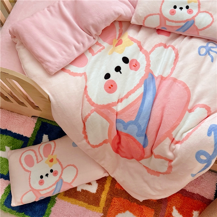 91家纺网 家纺一手货源 找家纺 萌宝家纺 2025新款大版牛奶绒被套加厚保暖儿童三件套-萌宠系列 小兔子