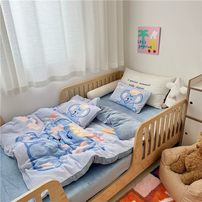 91家纺网 家纺一手货源 找家纺 萌宝家纺 2025新款大版牛奶绒被套加厚保暖儿童三件套-萌宠系列 小象