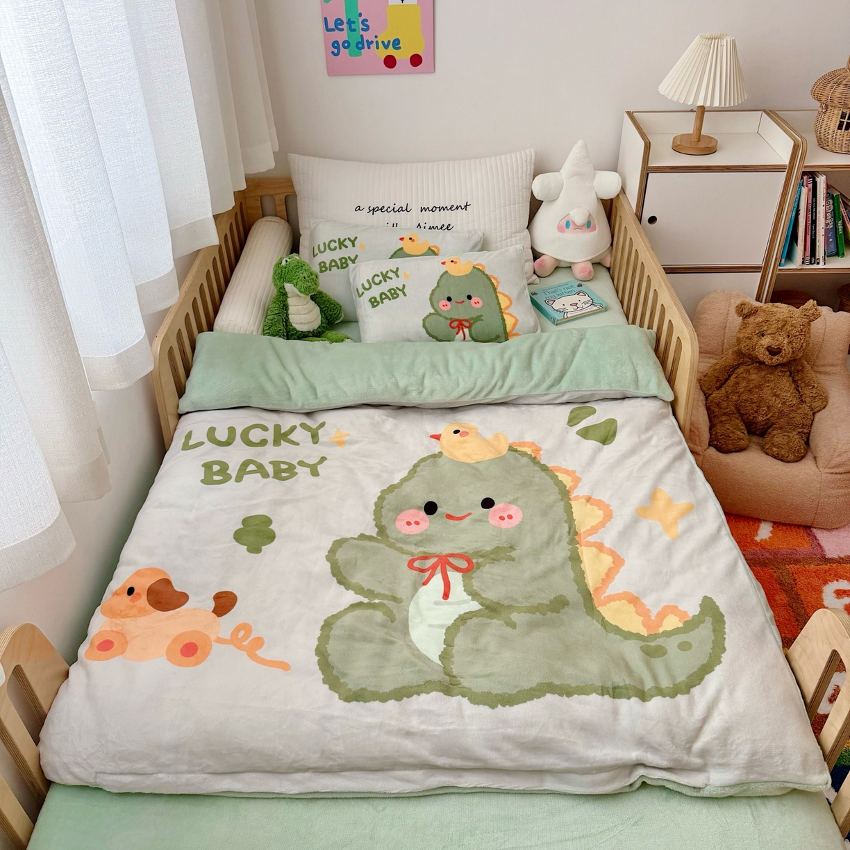 萌寶家紡 2025新款大版牛奶絨被套加厚保暖兒童三件套-萌寵系列 小恐龍