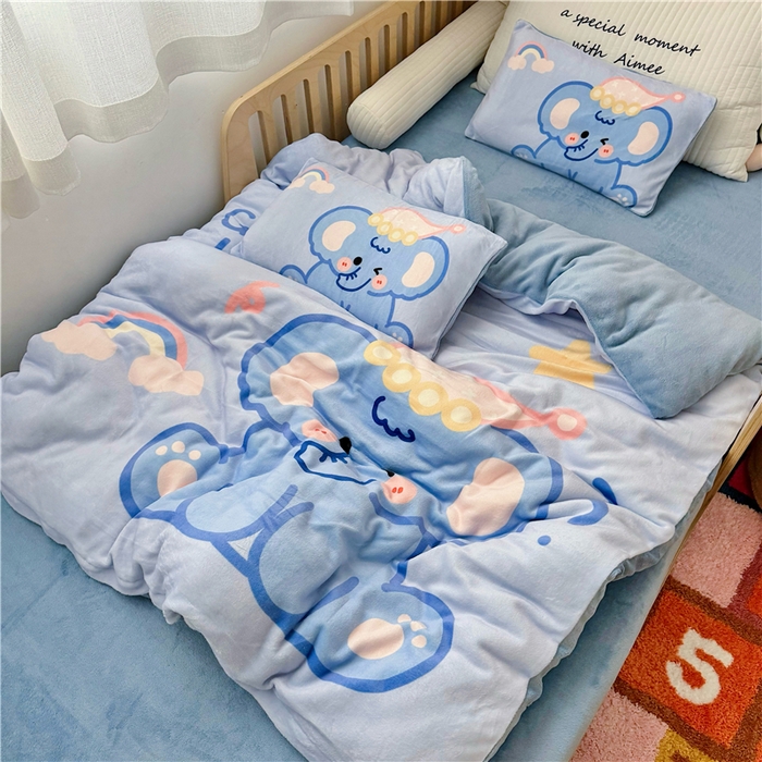 91家纺网 家纺一手货源 找家纺 萌宝家纺 2025新款大版牛奶绒被套加厚保暖儿童三件套-萌宠系列 小象