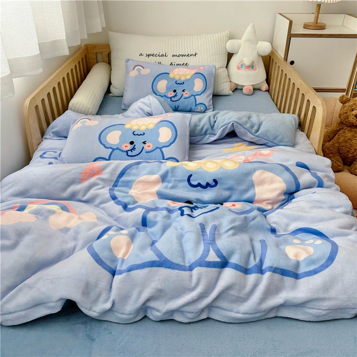 91家纺网 家纺一手货源 找家纺 萌宝家纺 2025新款大版牛奶绒被套加厚保暖儿童三件套-萌宠系列 小象