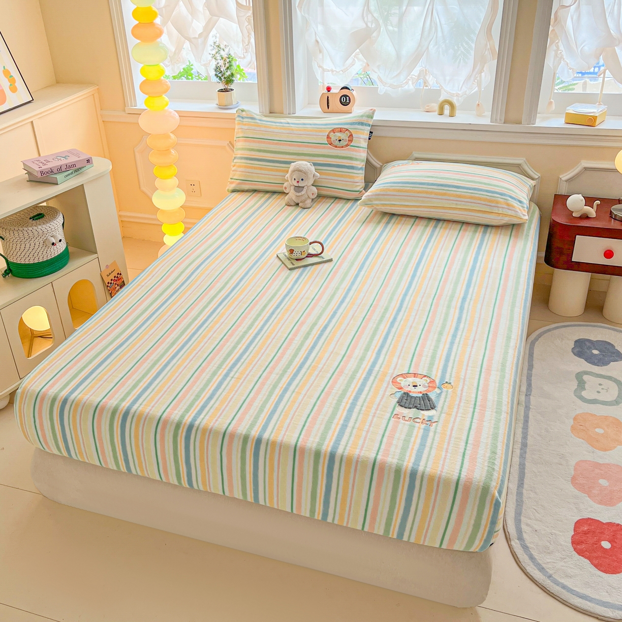 91家纺网 家纺一手货源 找家纺 乐美家纺 2025新款A类高克重贴布绣牛奶绒床笠三件套 太阳狮