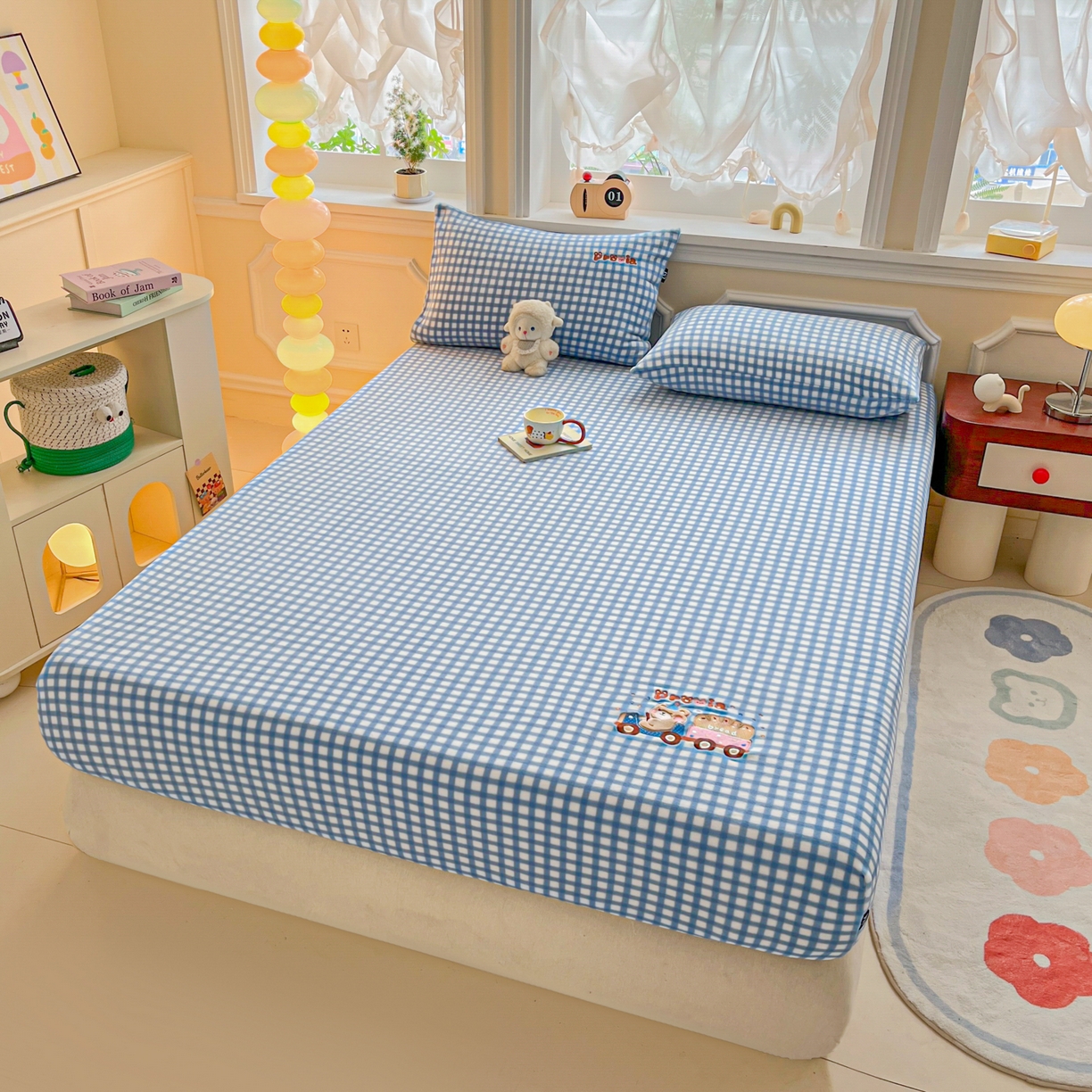 91家纺网 家纺一手货源 找家纺 乐美家纺 2025新款A类高克重贴布绣牛奶绒床笠三件套 面包熊