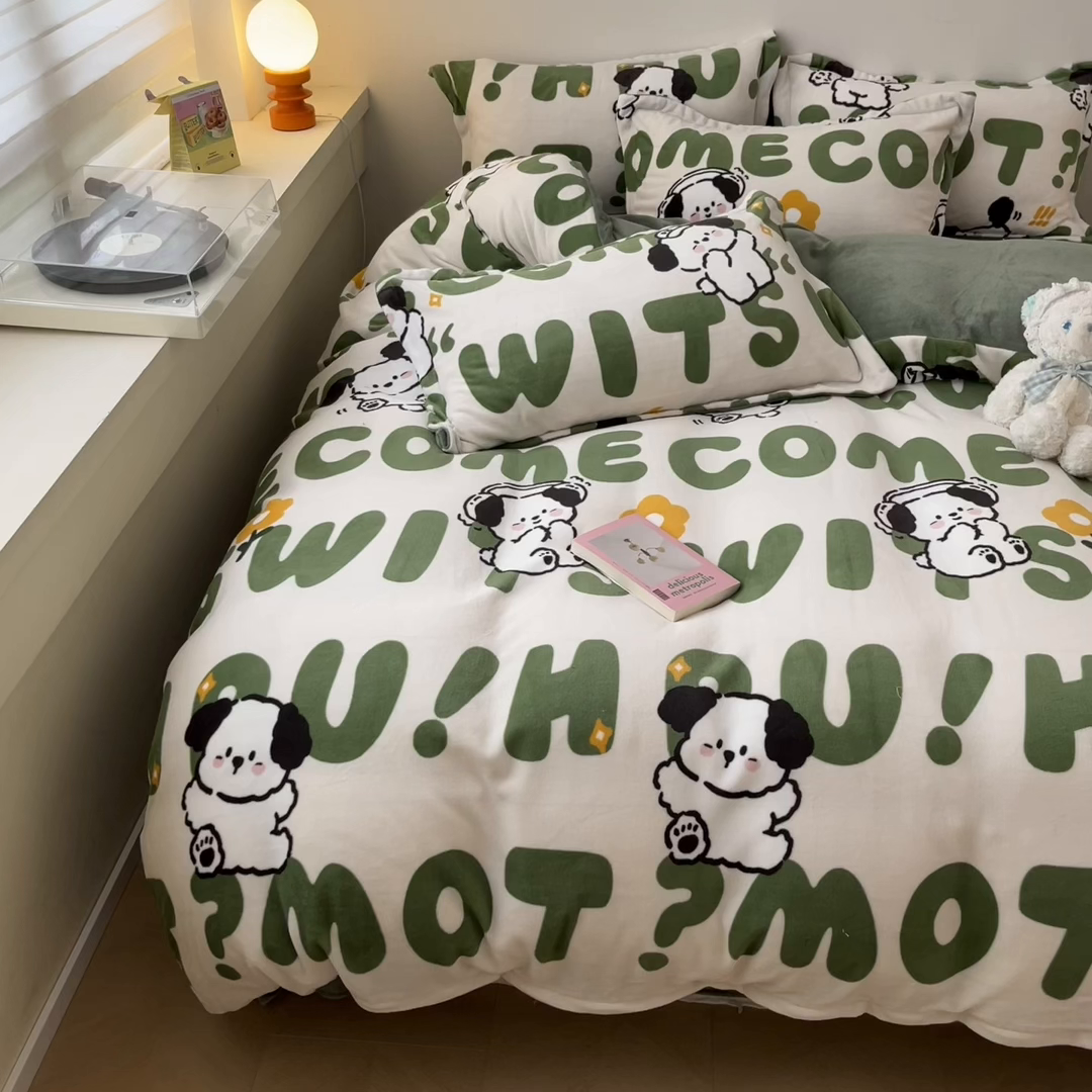 91家纺网 家纺一手货源 找家纺 瑞莱 2025新款A类200克高克重秋冬印花牛奶绒四件套-卡通系列 绒皮皮狗