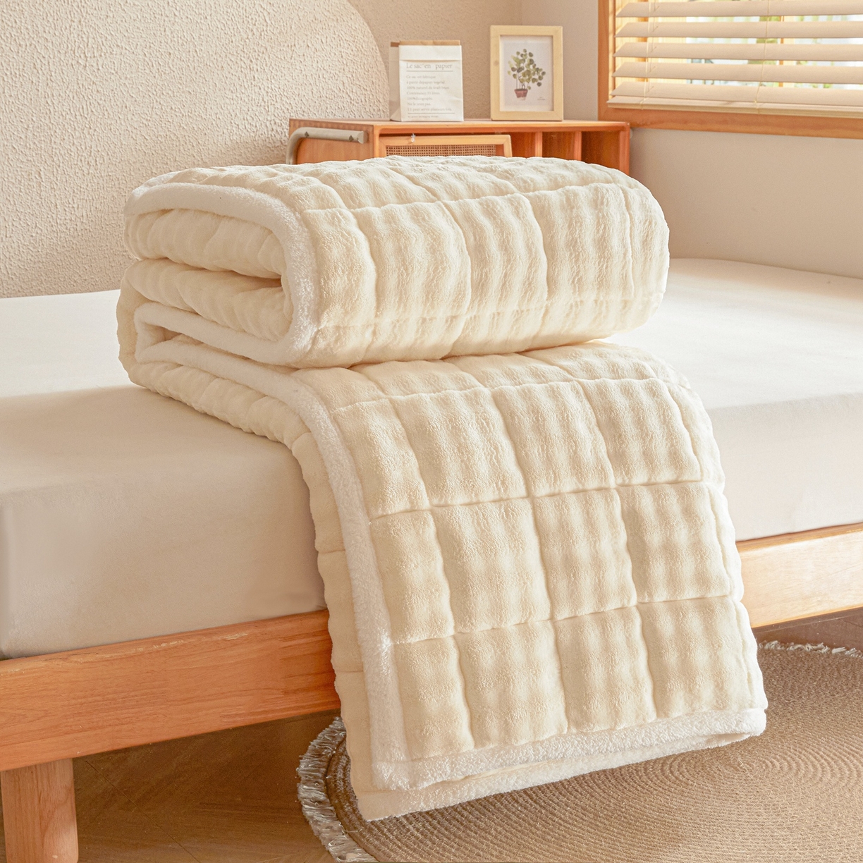 91家纺网 家纺一手货源 找家纺 鑫顺欣 2025新款泡泡牛奶绒床垫床褥 奶白色