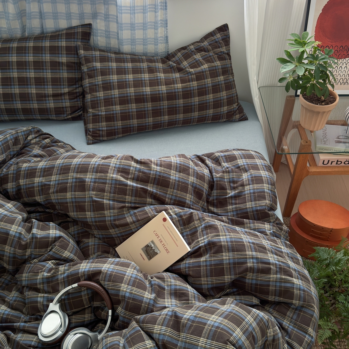 91家纺网 家纺一手货源 找家纺 玖弘家居 2025新款纯色被套格子单混搭四件套 海岸蓝格格子（格子枕套）