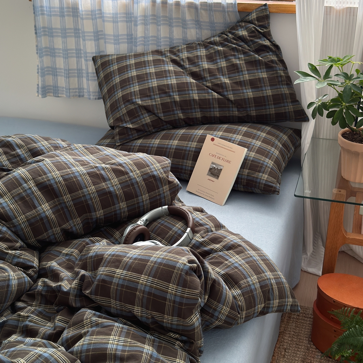 91家纺网 家纺一手货源 找家纺 玖弘家居 2025新款纯色被套格子单混搭四件套 海岸蓝格格子（格子枕套）