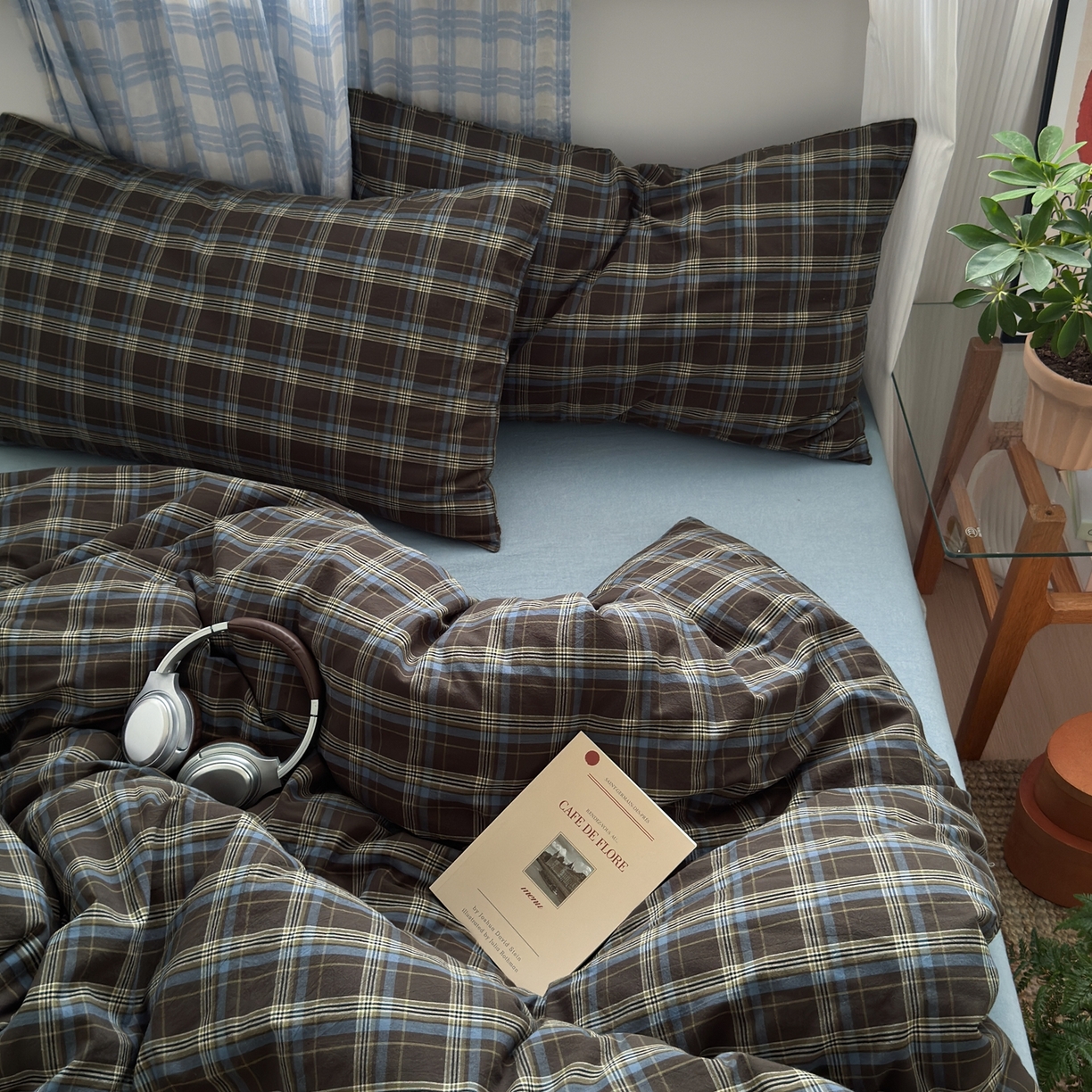 91家纺网 家纺一手货源 找家纺 玖弘家居 2025新款纯色被套格子单混搭四件套 海岸蓝格格子（格子枕套）