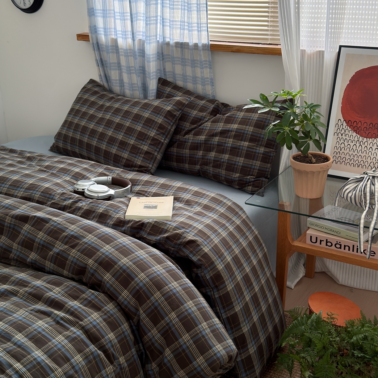 91家纺网 家纺一手货源 找家纺 玖弘家居 2025新款纯色被套格子单混搭四件套 海岸蓝格格子（格子枕套）