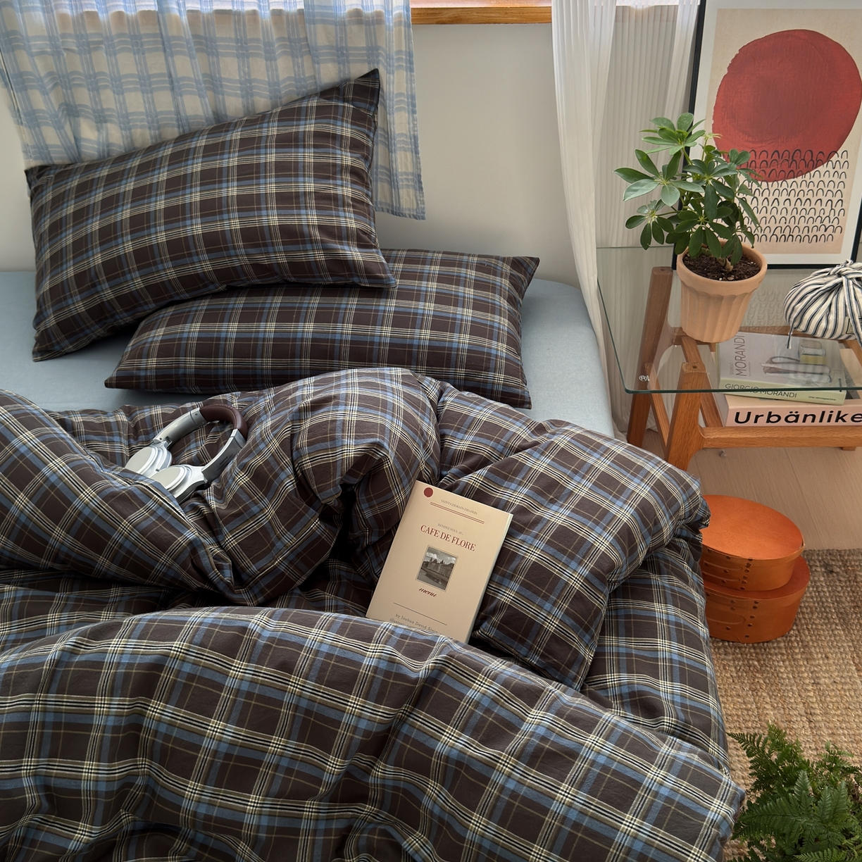 91家纺网 家纺一手货源 找家纺 玖弘家居 2025新款纯色被套格子单混搭四件套 海岸蓝格格子（格子枕套）