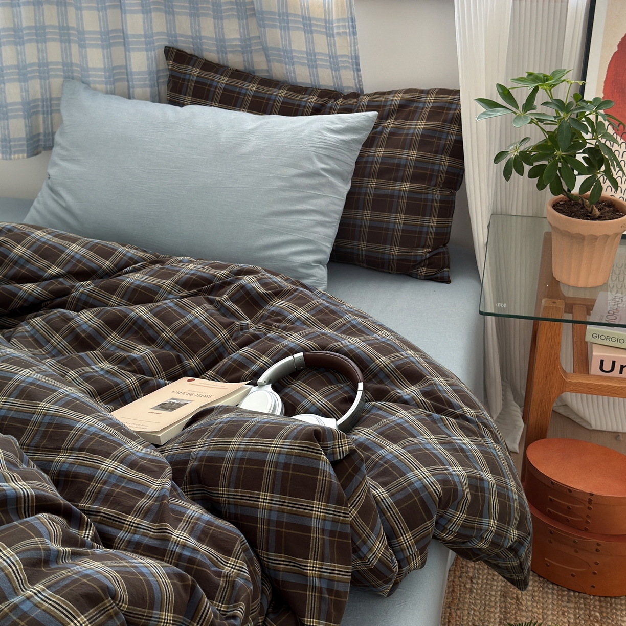 玖弘家居 2025新款纯色被套格子单混搭四件套 海岸蓝格格子（枕套格子+浅蓝）