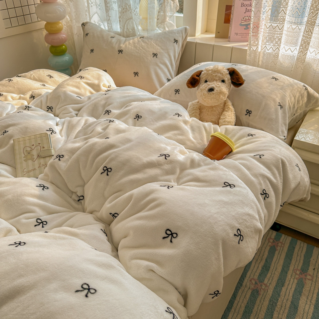 91家纺网 家纺一手货源 找家纺 老K (原美阁） 2025新款牛奶绒简约款四件套小清新牛奶绒床单款床笠款 简约款牛奶绒-蝴蝶结芝士棕