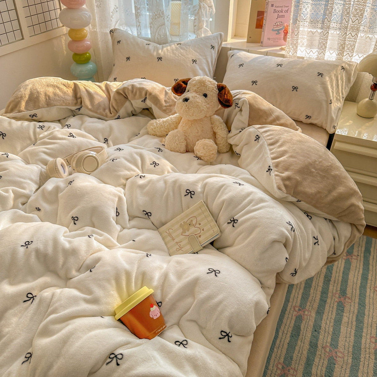 91家纺网 家纺一手货源 找家纺 老K (原美阁） 2025新款牛奶绒简约款四件套小清新牛奶绒床单款床笠款 简约款牛奶绒-蝴蝶结芝士棕