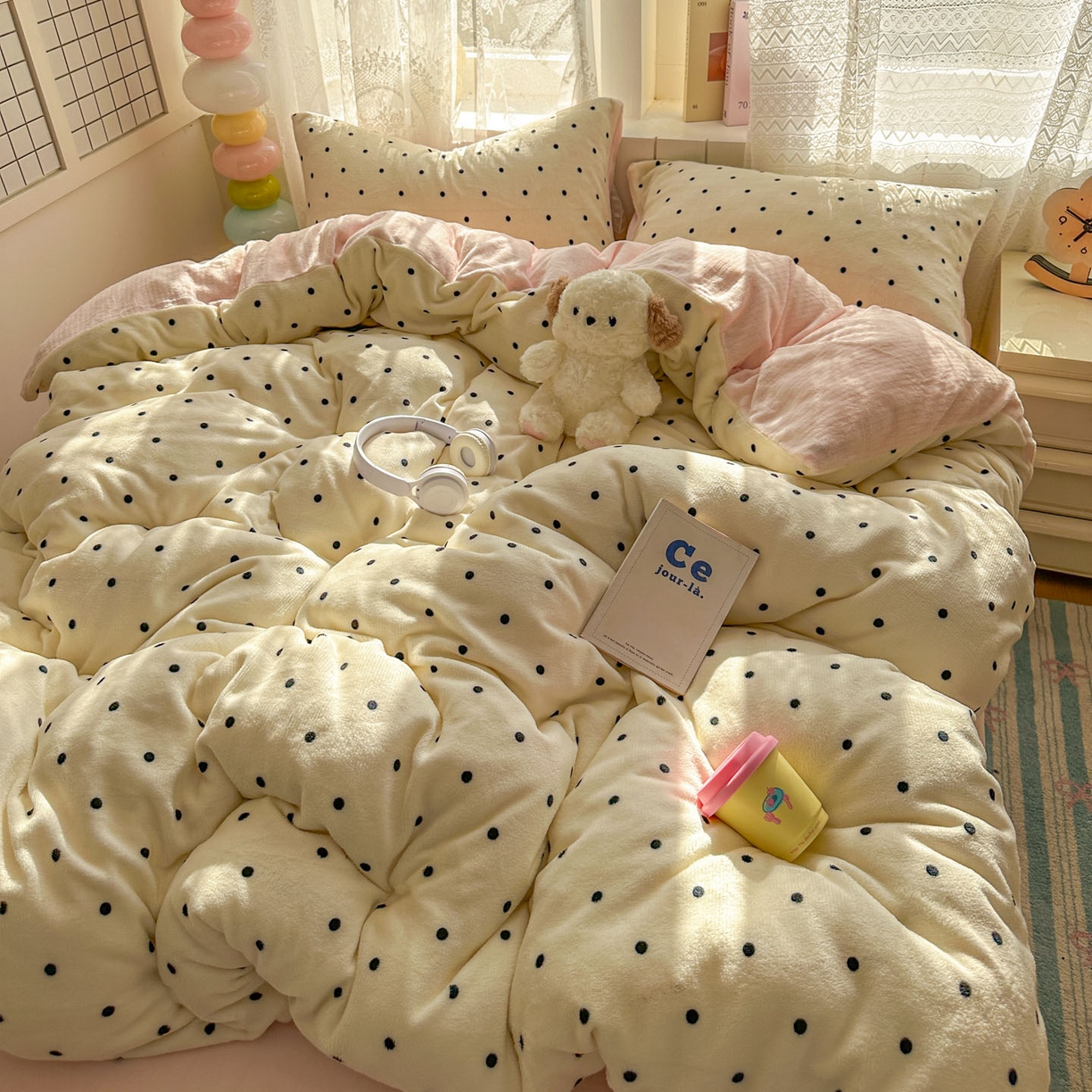 91家纺网 家纺一手货源 找家纺 老K (原美阁） 2025新款牛奶绒简约款四件套小清新牛奶绒床单款床笠款 简约款牛奶绒-波点芝士粉