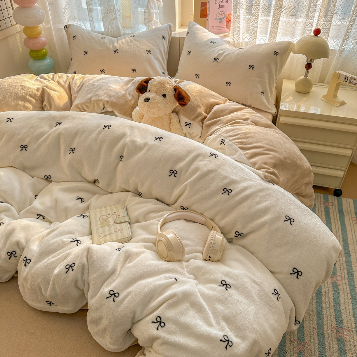 91家纺网 家纺一手货源 找家纺 老K (原美阁） 2025新款牛奶绒简约款四件套小清新牛奶绒床单款床笠款 简约款牛奶绒-蝴蝶结芝士棕