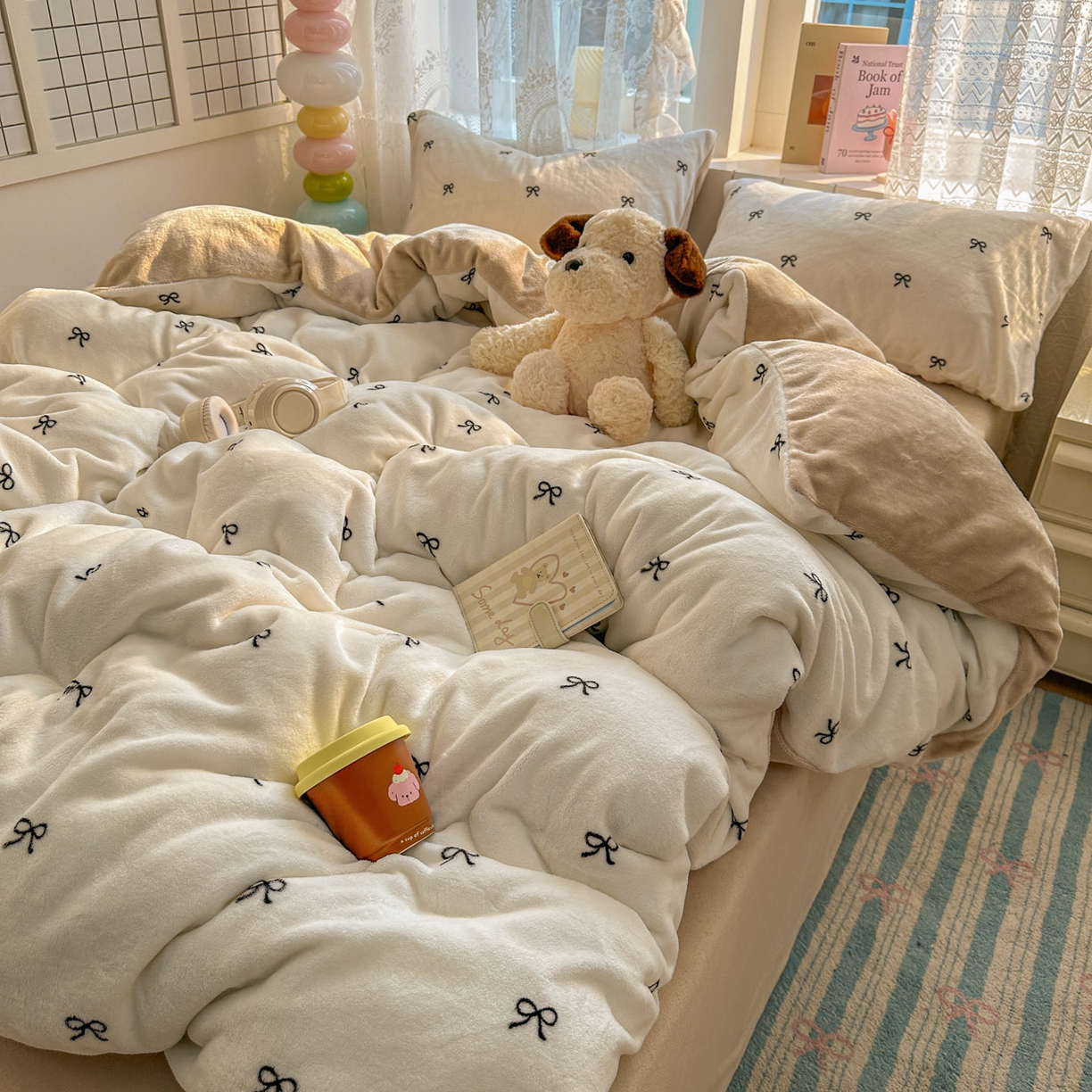 91家纺网 家纺一手货源 找家纺 老K (原美阁） 2025新款牛奶绒简约款四件套小清新牛奶绒床单款床笠款 简约款牛奶绒-蝴蝶结芝士棕