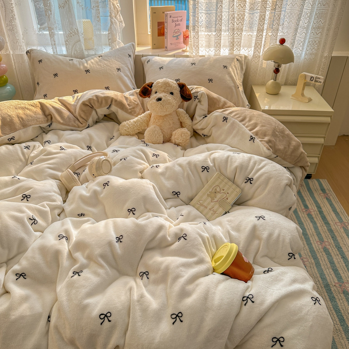 91家纺网 家纺一手货源 找家纺 老K (原美阁） 2025新款牛奶绒简约款四件套小清新牛奶绒床单款床笠款 简约款牛奶绒-蝴蝶结芝士棕