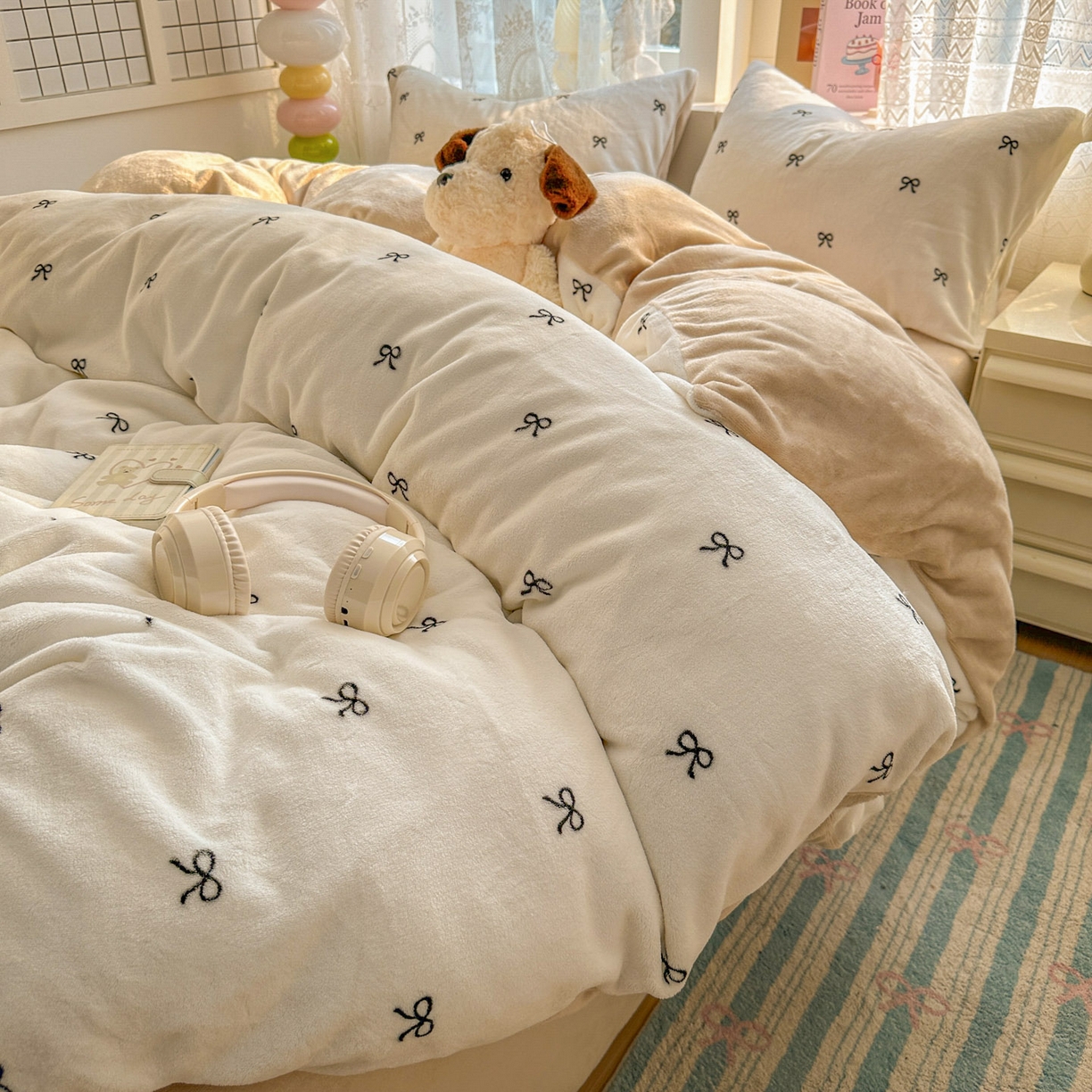 91家纺网 家纺一手货源 找家纺 老K (原美阁） 2025新款牛奶绒简约款四件套小清新牛奶绒床单款床笠款 简约款牛奶绒-蝴蝶结芝士棕