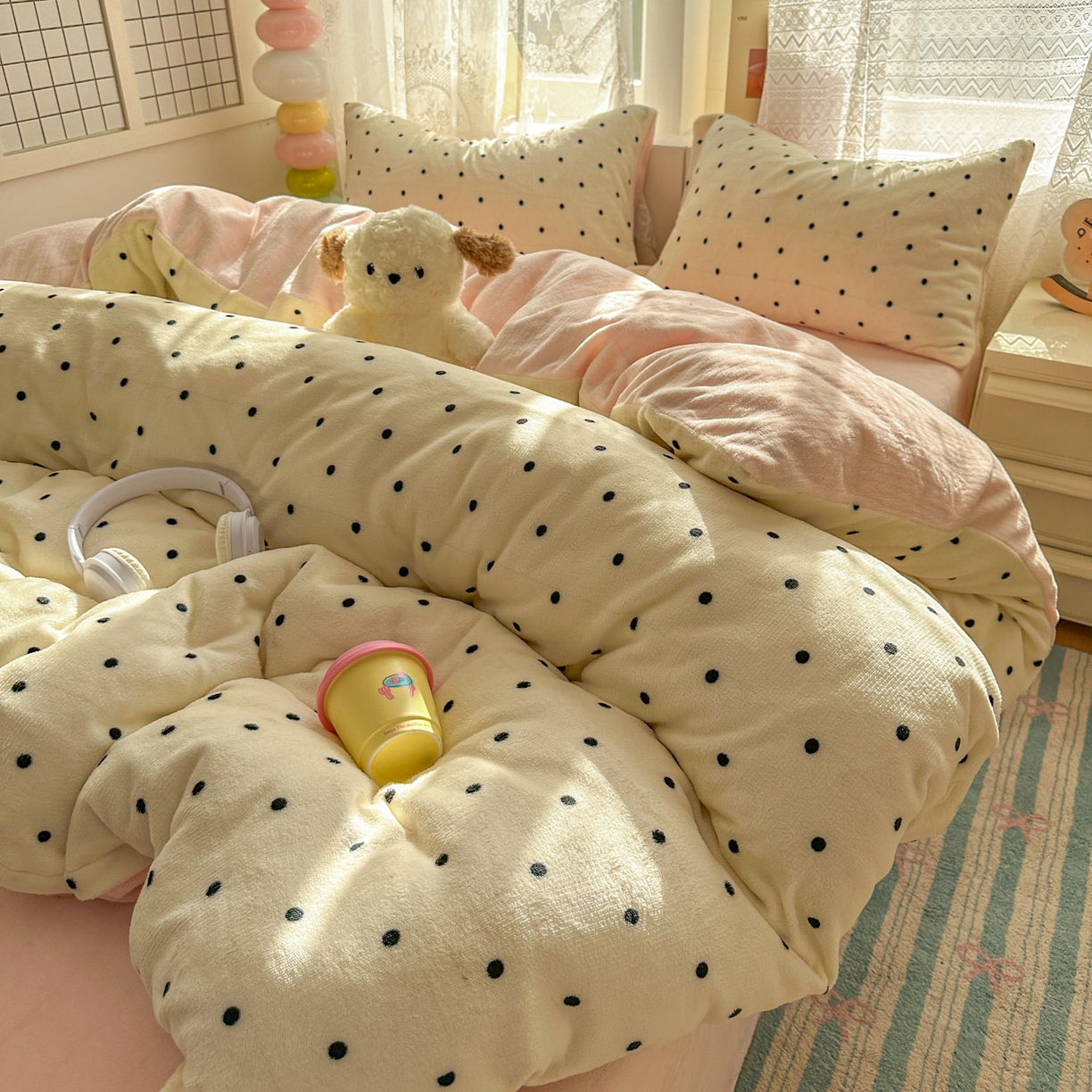 91家纺网 家纺一手货源 找家纺 老K (原美阁） 2025新款牛奶绒简约款四件套小清新牛奶绒床单款床笠款 简约款牛奶绒-波点芝士粉