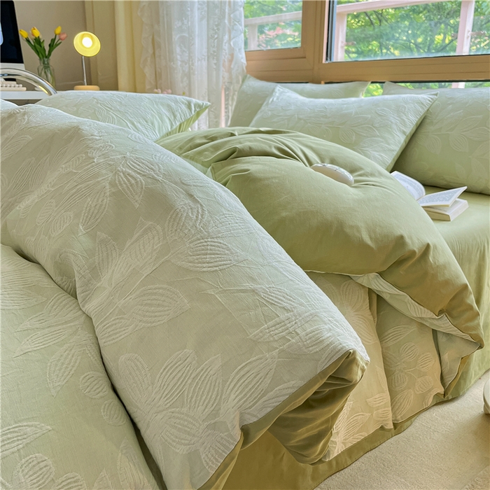 91家纺网 家纺一手货源 找家纺 琪格格纺织 2025新款全棉A类色织三层纱提花四件套 三层纱 爱在春秋-绿