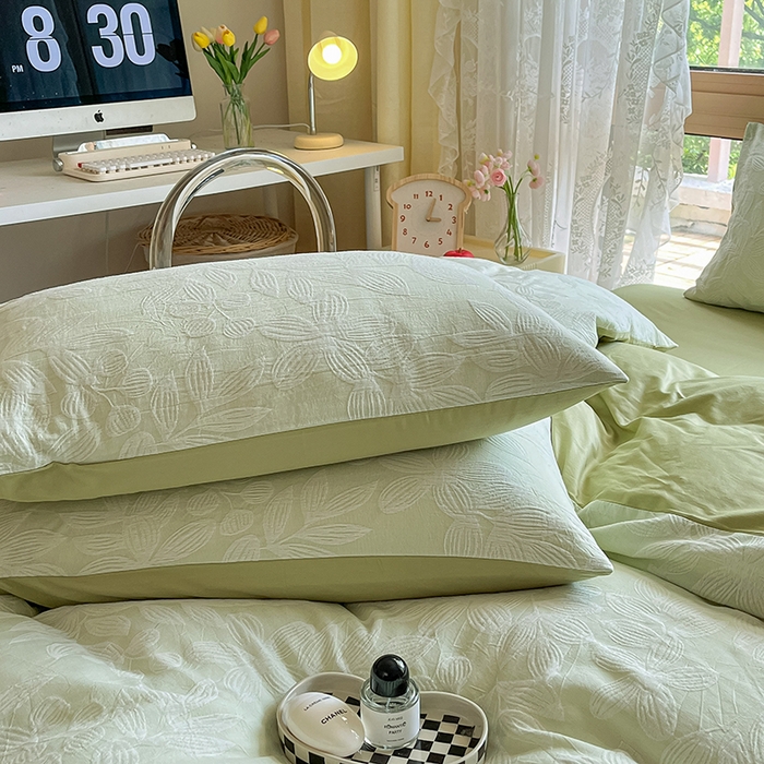 91家纺网 家纺一手货源 找家纺 琪格格纺织 2025新款全棉A类色织三层纱提花四件套 三层纱 爱在春秋-绿