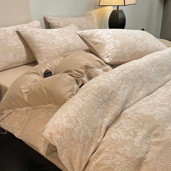 琪格格纺织 2025新款全棉A类色织三层纱提花四件套 三层纱 草木春秋-咖