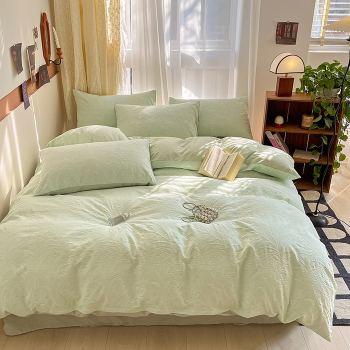 91家纺网 家纺一手货源 找家纺 琪格格纺织 2025新款全棉A类色织三层纱提花四件套 三层纱 芳草浅绿