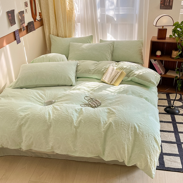 91家纺网 家纺一手货源 找家纺 琪格格纺织 2025新款全棉A类色织三层纱提花四件套 三层纱 芳草浅绿