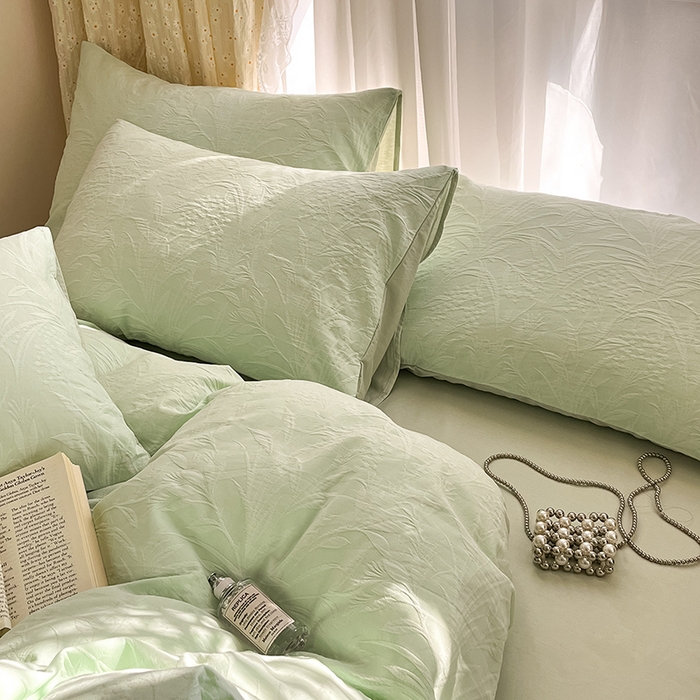 91家纺网 家纺一手货源 找家纺 琪格格纺织 2025新款全棉A类色织三层纱提花四件套 三层纱 芳草浅绿