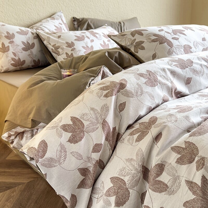 琪格格纺织 2025新款全棉A类色织三层纱提花四件套 三层纱 枫韵-咖