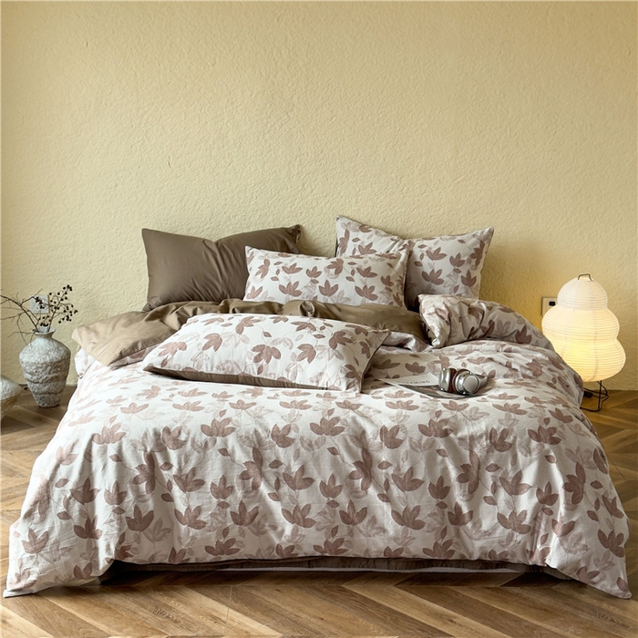 91家纺网 家纺一手货源 找家纺 琪格格纺织 2025新款全棉A类色织三层纱提花四件套 三层纱 枫韵-咖