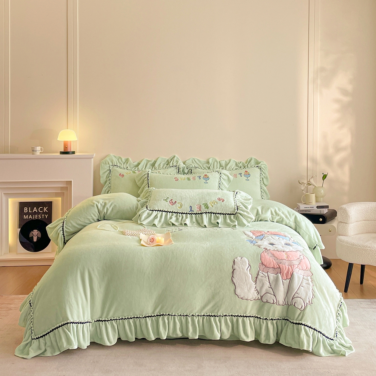 民新家纺 2025新款牛奶绒毛巾绣贴布绣花四件套 蜜语-青柠绿