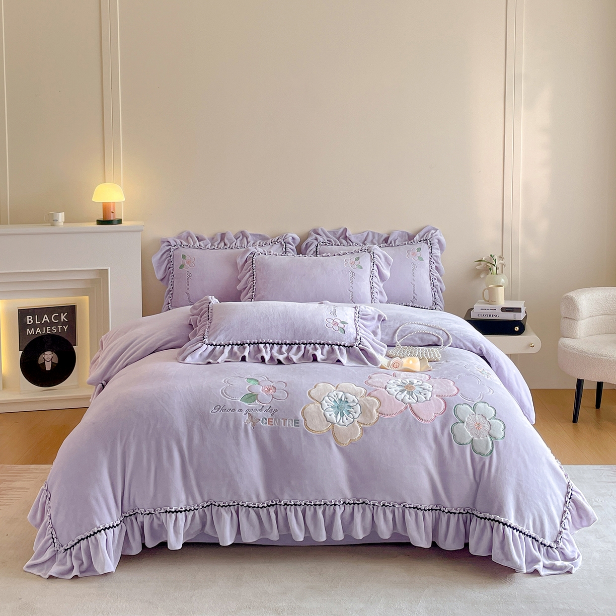 民新家纺 2025新款牛奶绒毛巾绣贴布绣花四件套 花韵-浅紫