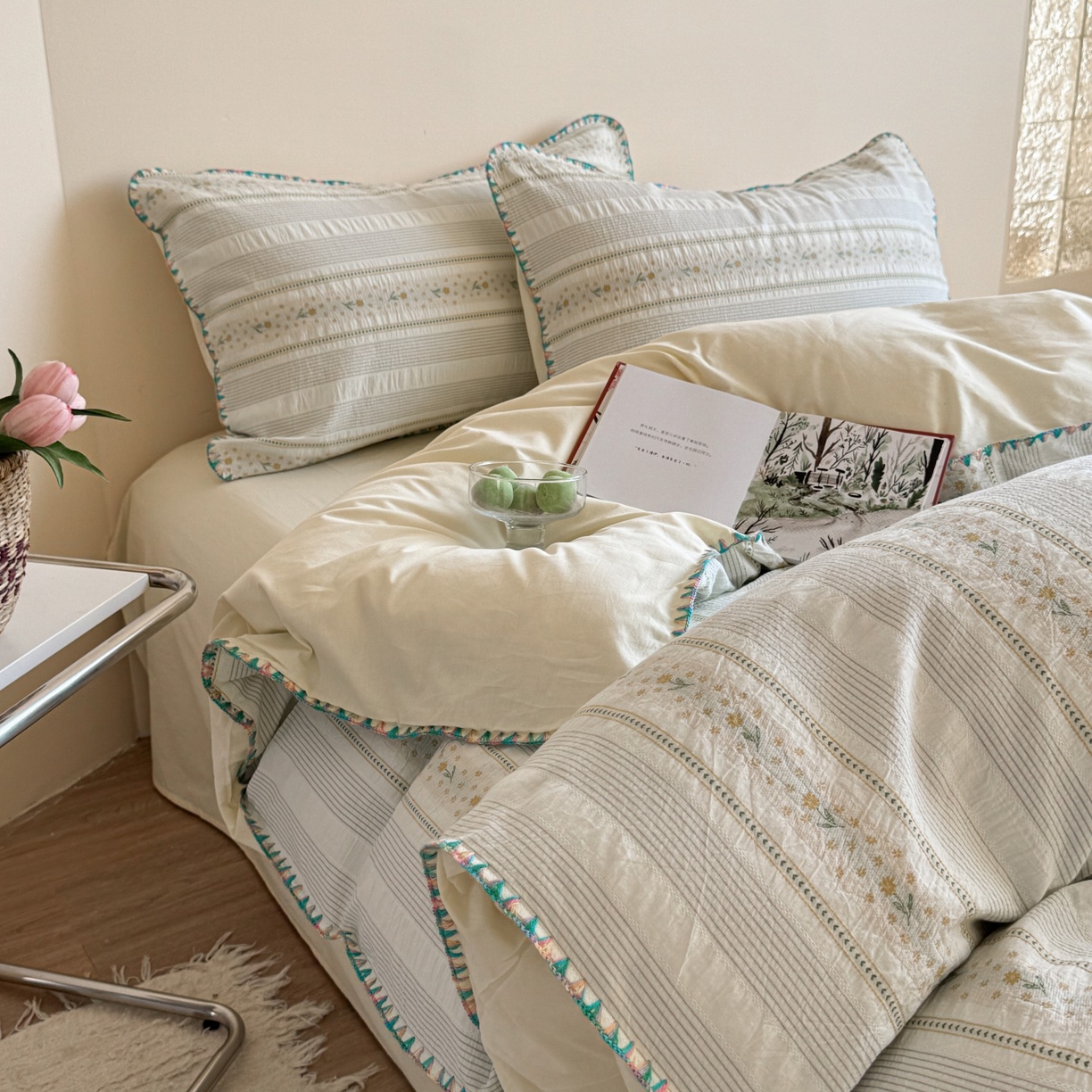 91家纺网 家纺一手货源 找家纺 （总）觅糖家纺 2025新款色织提花水洗棉贝壳边三角针四件套