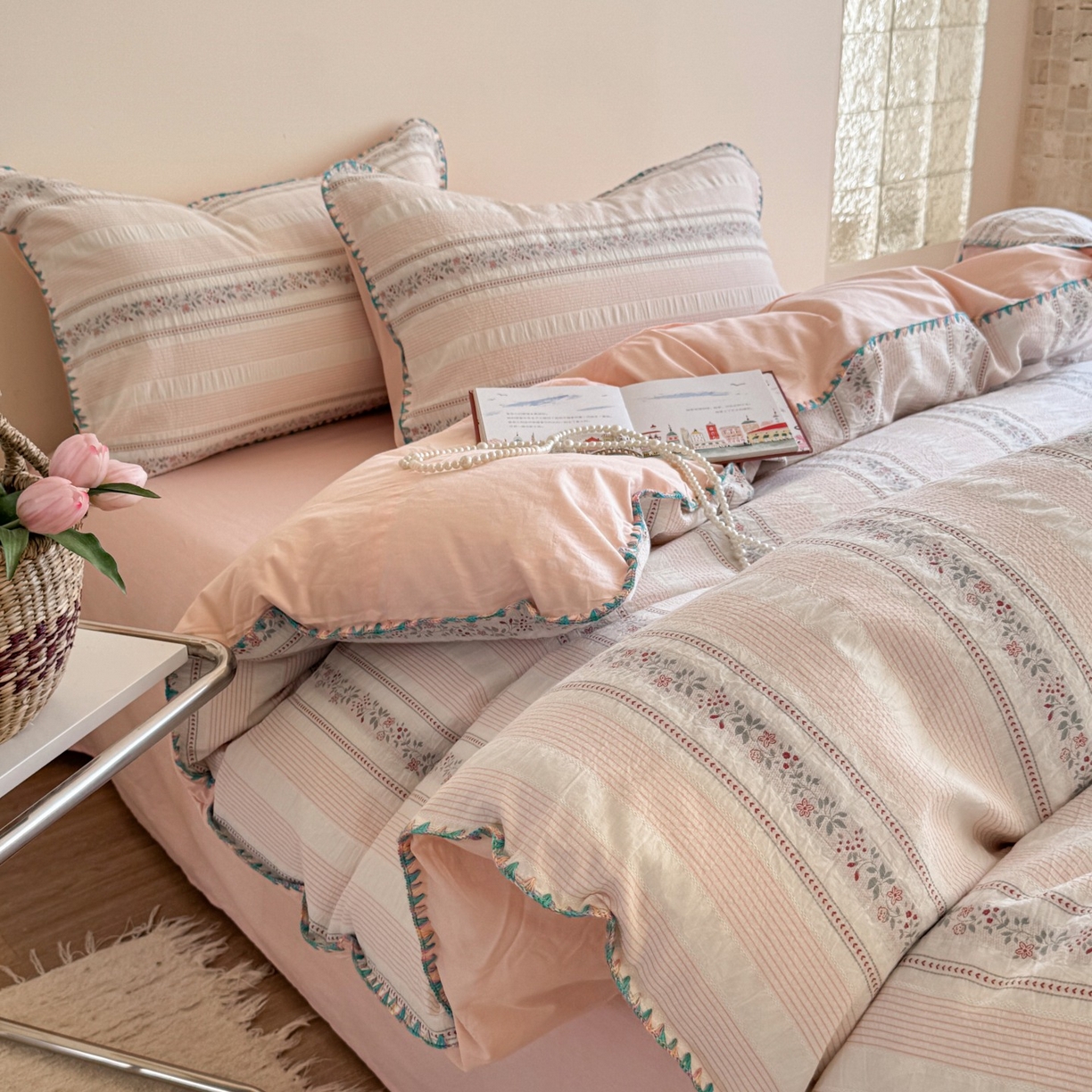 （总）觅糖家纺 2025新款色织提花水洗棉贝壳边三角针四件套